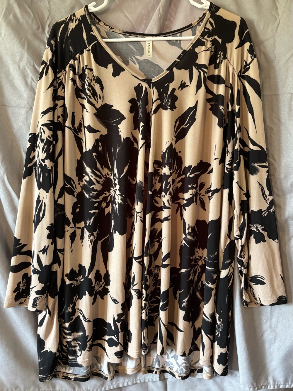 Emerald Beige and Black Floral V-Neck Tunic